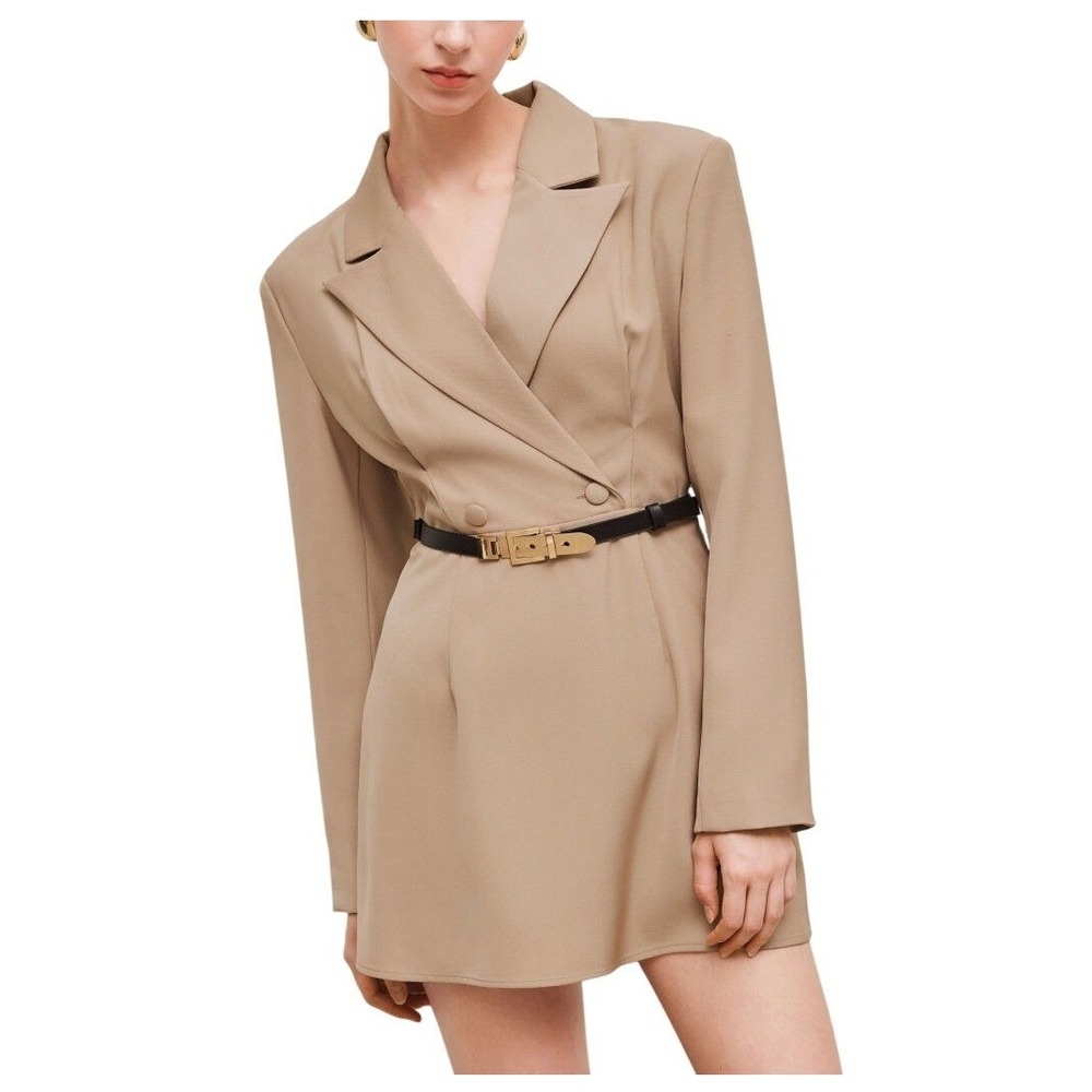 Cider Collar Solid Long Sleeve Blazer Mini Dress, Missing Belt, Khaki, Size XL